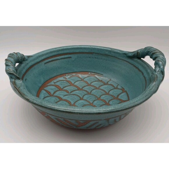 Signed Studio Pottery Bowl With Twisted Handles Teal Blue Fishscale Design - Picture 1 of 9